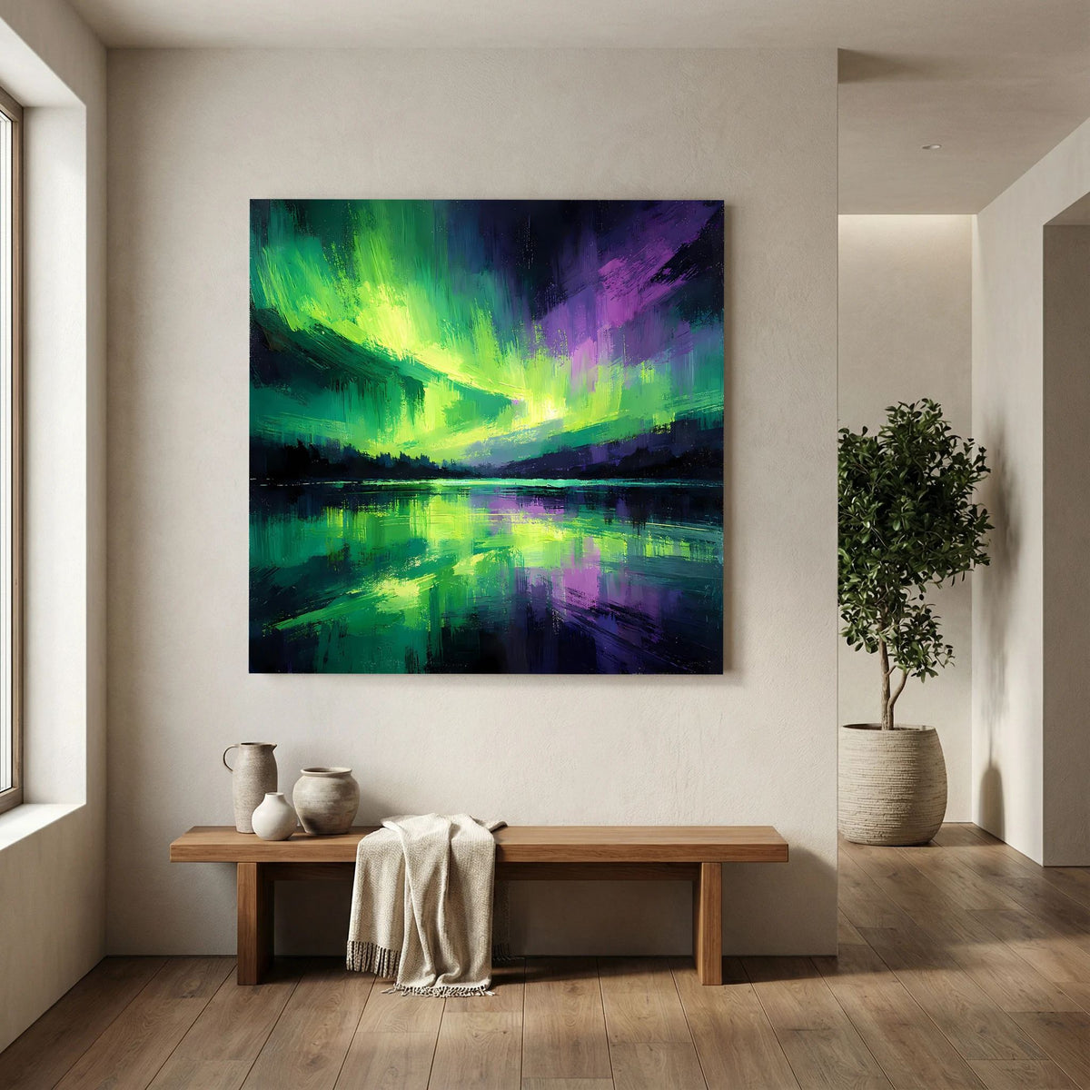 Leinwand-Wandbild mit leuchtendem Nordlichtverlauf, Grün- und Violetttönen, reflektiert