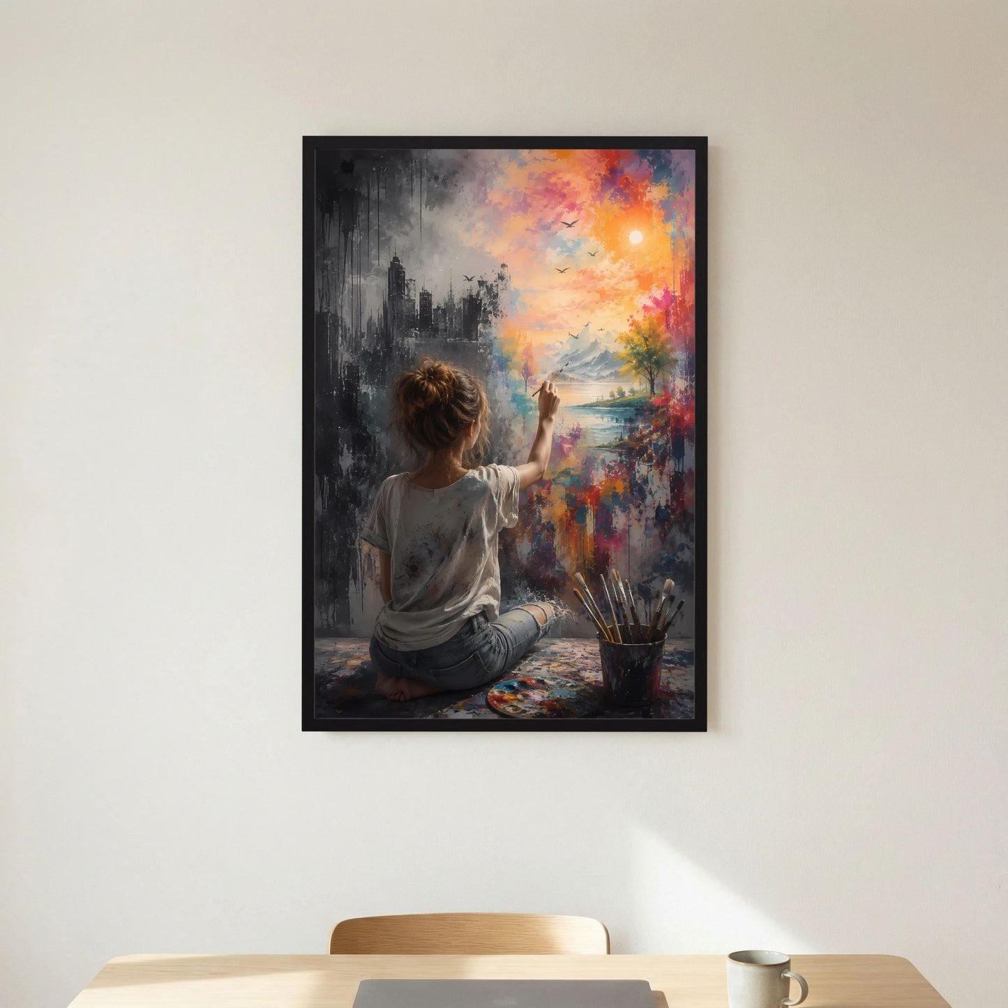 Hochformat-Poster mit schwarzem Rahmen: Rückenansicht der Frau beim Malen farbiger Motive