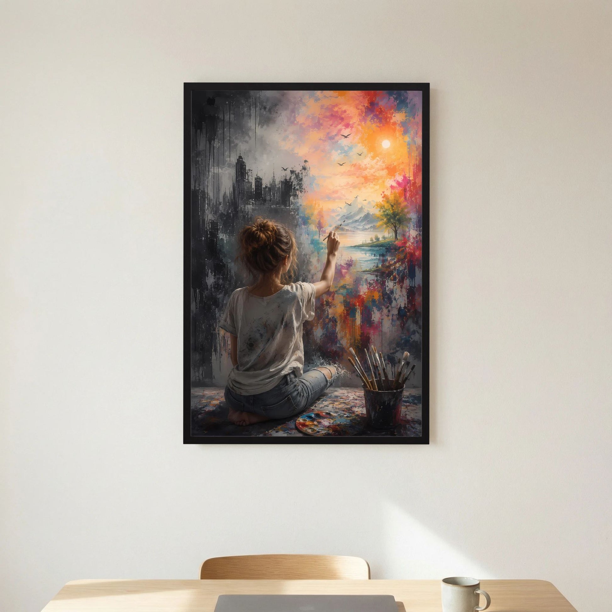 Hochformat-Poster mit schwarzem Rahmen: Rückenansicht der Frau beim Malen farbiger Motive