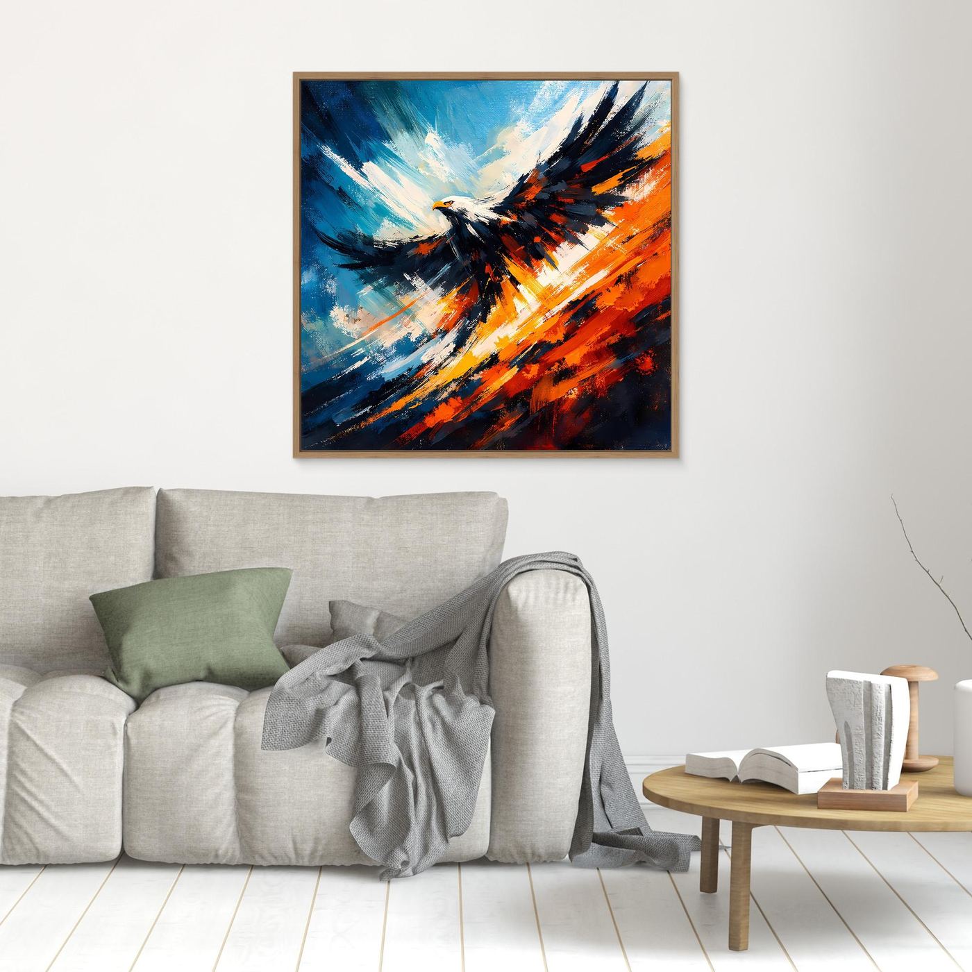 Wandbild mit abstraktem Adler in Blau, Orange und Schwarz, Eichenrahmen