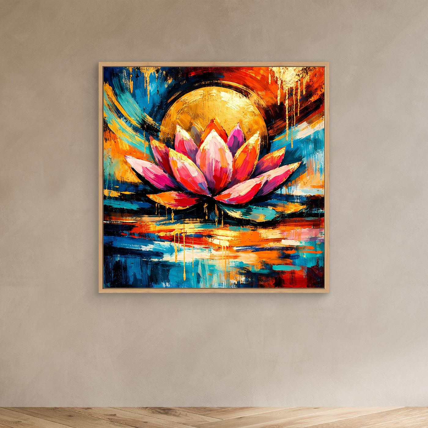 Leinwandbild mit abstrakter Lotusblüte, goldenem Halbmond und bunten Reflexionen, Holzrahmen