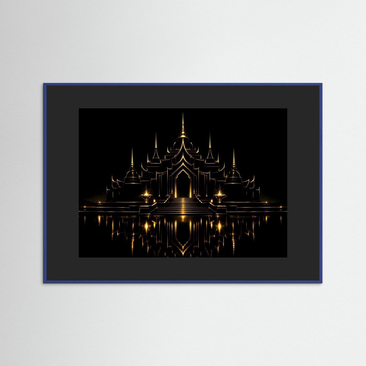 Poster mit goldener Tempelarchitektur, schwarzem Hintergrund, Spiegelbild, blauer Rahmen.