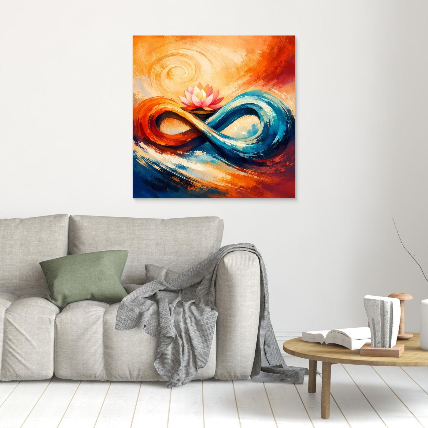 Abstraktes Leinwand-Wandbild mit Lotusblüte und Unendlichkeit in Orange, Blau und Rosa