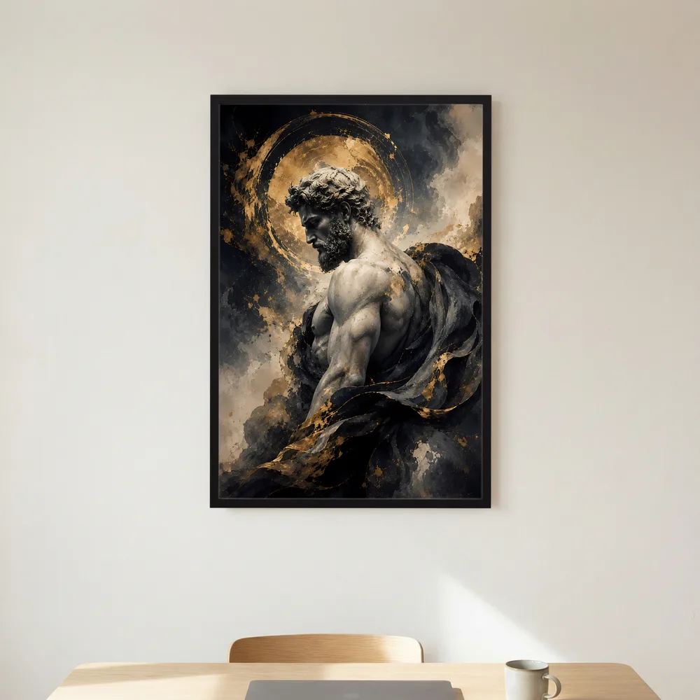 Hochformatiges Poster mit Relief-ähnlicher Statue, golden umkränzter Kopf, dunkler Mantel.