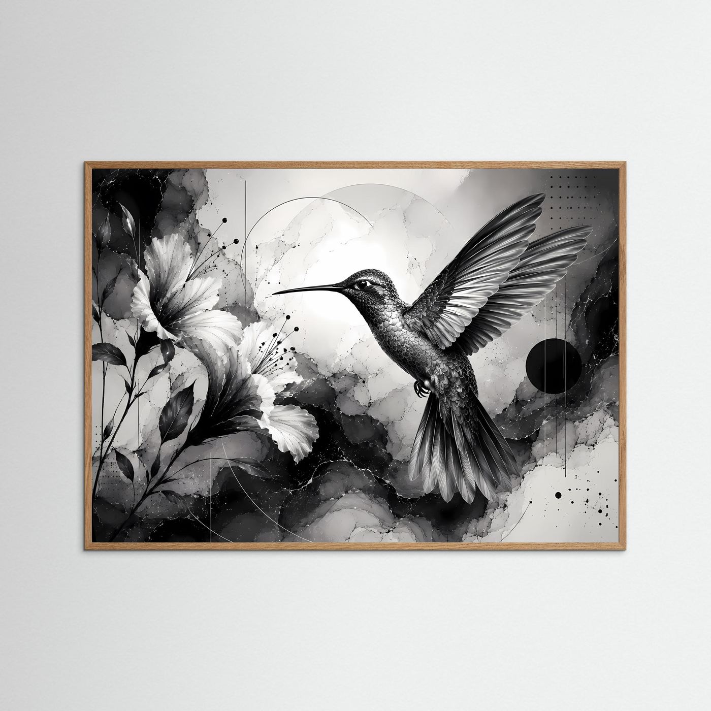Kolibri Wandbild Schwarz Weiß | Hibiskus Blüten Poster | Moderne Botanische Wandkunst | Minimalistische Vogel Kunst | Leinwand Fine Art