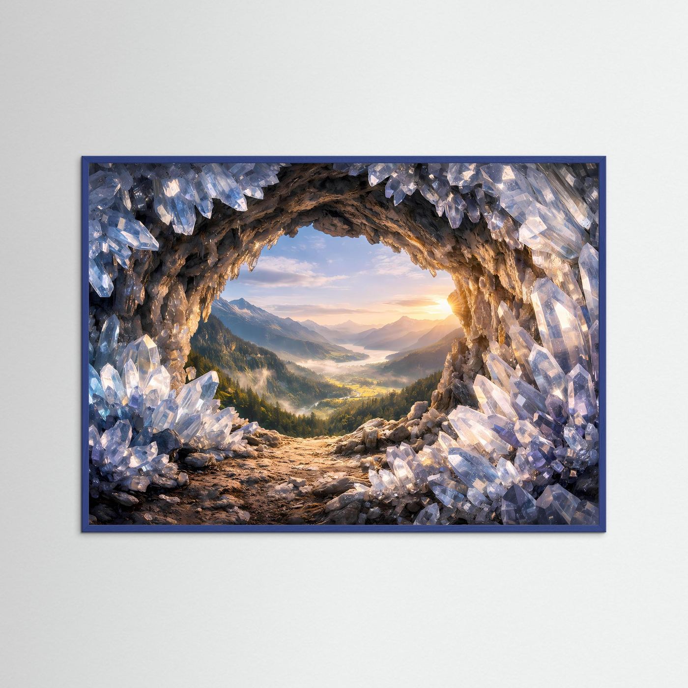 Gerahmtes Poster im Querformat mit Kristallen an der Höhle und Panoramablick ins Almental
