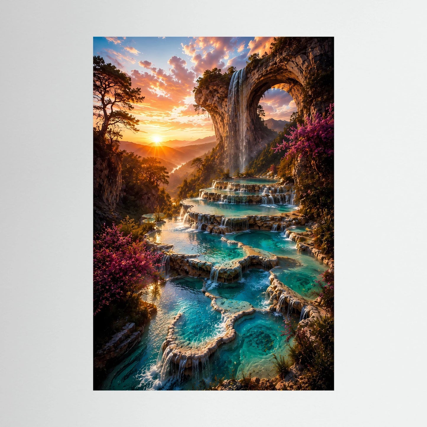 Hochformatiges Kunstposter mit türkisfarbenen Wasserterrassen, Wasserfall und untergehender Sonne