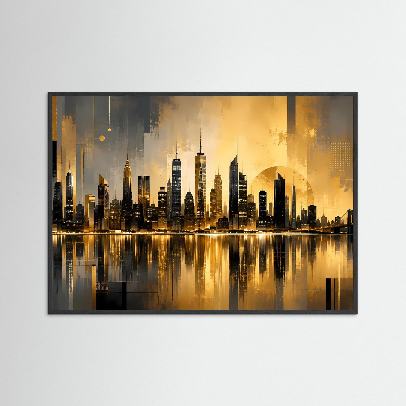 Goldene Skyline am Wasser | Moderne abstrakte City Kunst