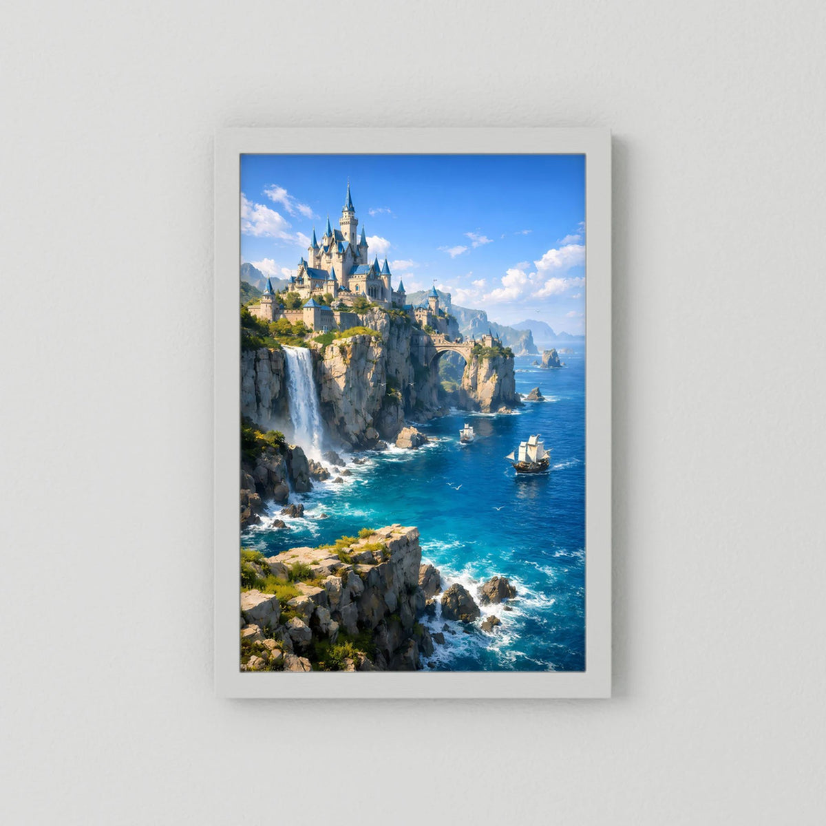 Poster im Hochformat mit weißem Passepartout, Küstenschloss über blauem Meer
