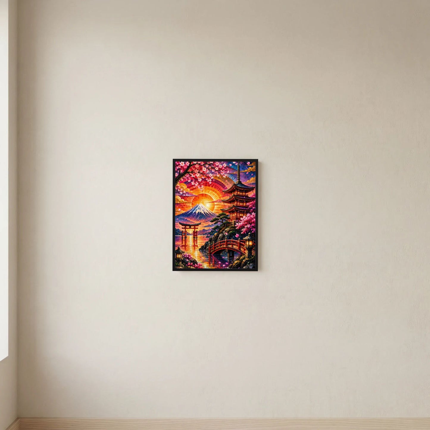 Kleines gerahmtes Poster mit Mosaikszene: Fuji, Kirschblüten und Pagode bei Sonnenuntergang