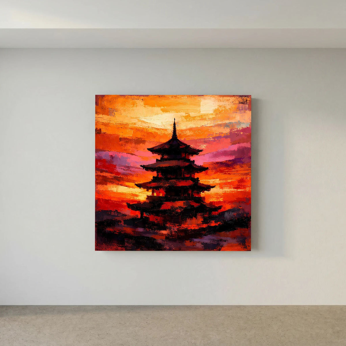 Japanisches Pagoden-Leinwandbild mit dunkler Silhouette vor orange-pinkem Himmel