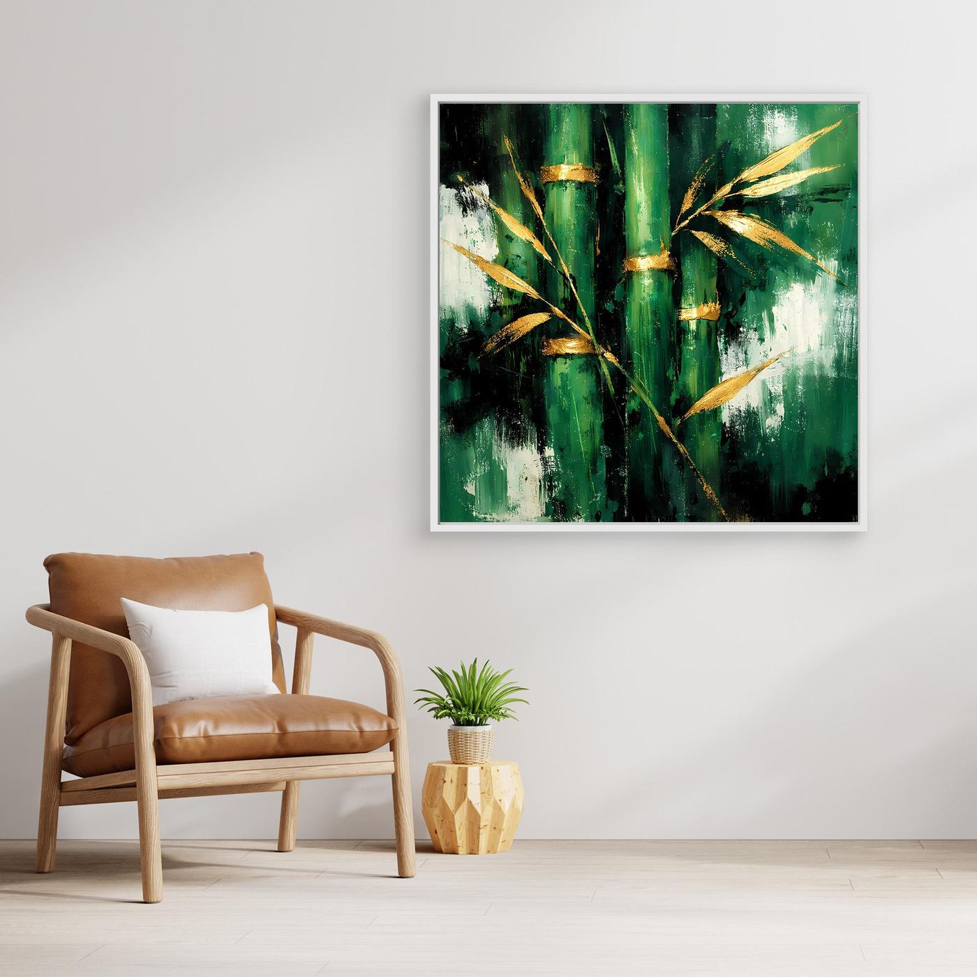 Leinwand Abstraktes Bambus Gemälde in Grün und Gold | Modernes Natur Wandbild
