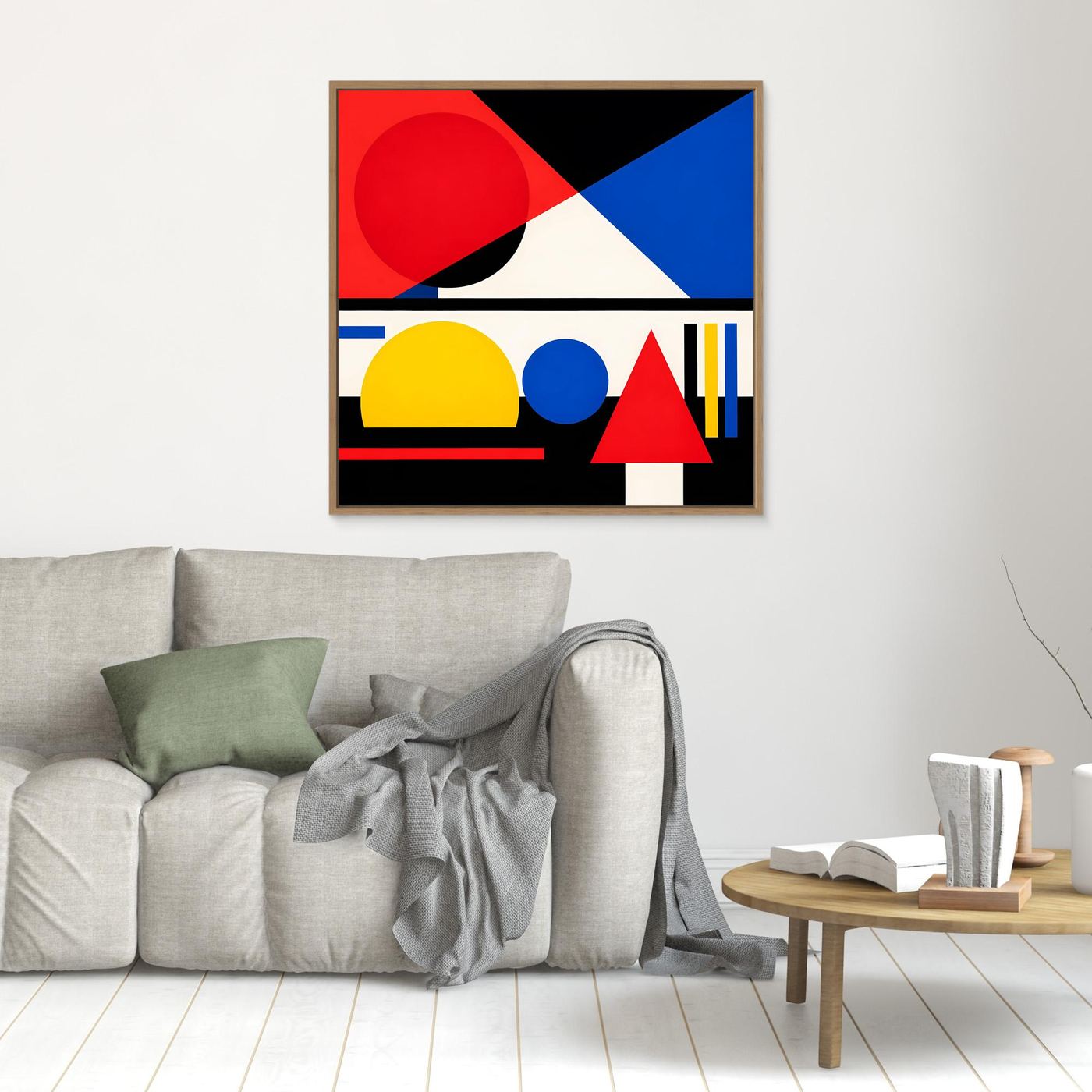 Leinwandbild geometrische Abstraktion mit roten, blauen und gelben Formen im Holzrahmen