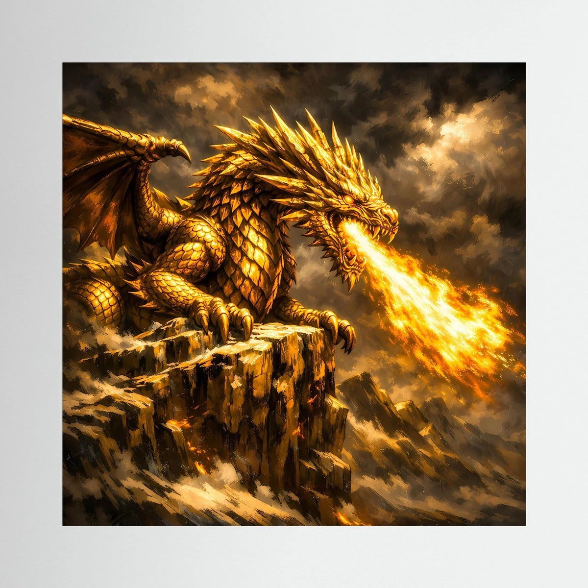 Fantasy-Leinwandbild: goldener Drache mit Flammenatem auf Felsen, dunkler Rahmen