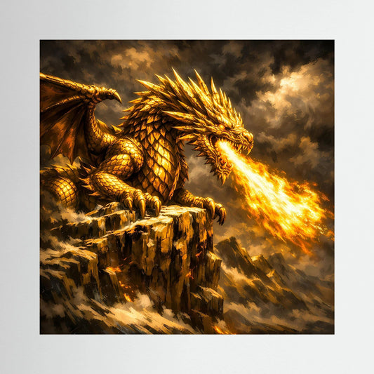 Fantasy-Leinwandbild: goldener Drache mit Flammenatem auf Felsen, dunkler Rahmen