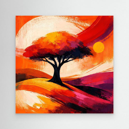 Leinwandbild mit abstrakter Baum-Silhouette in Orange/Rot und gelbem Kreis, ohne Rahmen