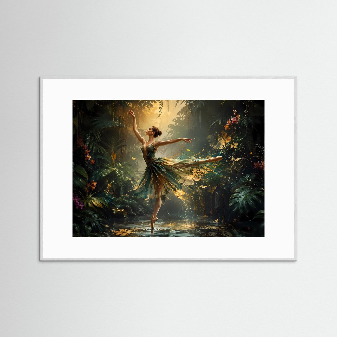 Ballerina im Dschungel mit Goldakzenten | Elegante Tanzkunst in Grün & Gold