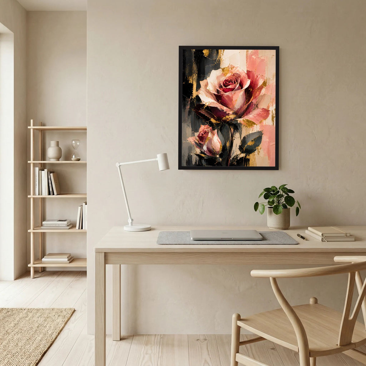 Gerahmtes Rosenblumen-Poster: große rosafarbene Rose, abstrakter Pinselstrich-Look