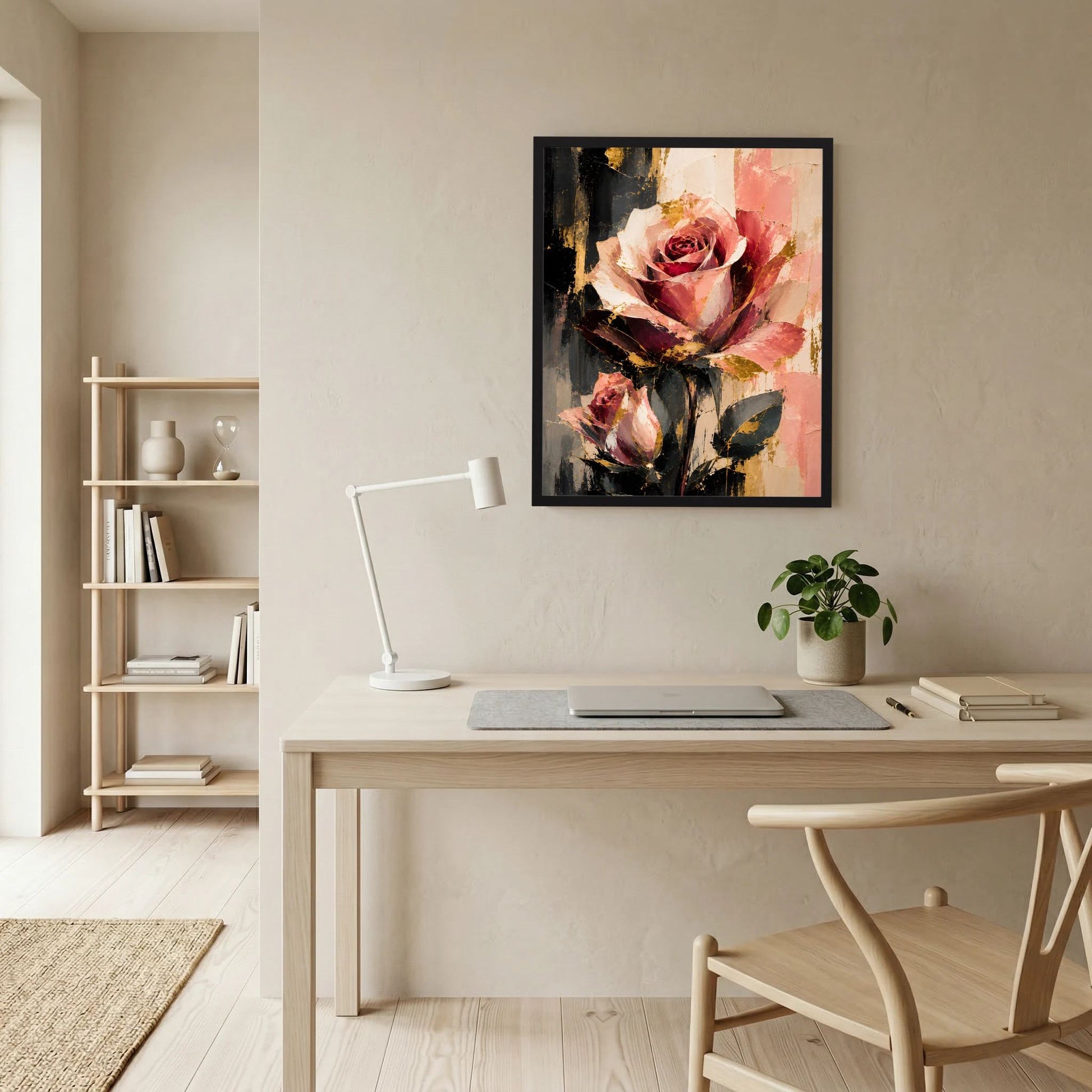 Gerahmtes Rosenblumen-Poster: große rosafarbene Rose, abstrakter Pinselstrich-Look