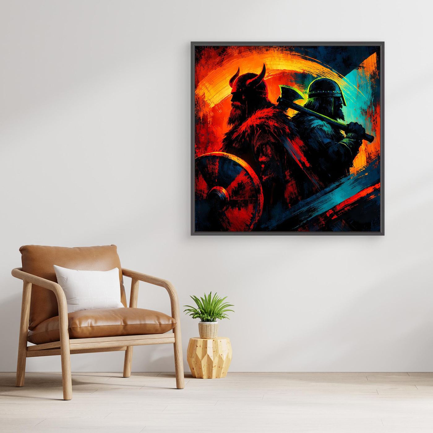 Gerahmtes Wandbild mit Wikingerkrieger, kräftiges Orange-Blau-Gelb Farbspiel
