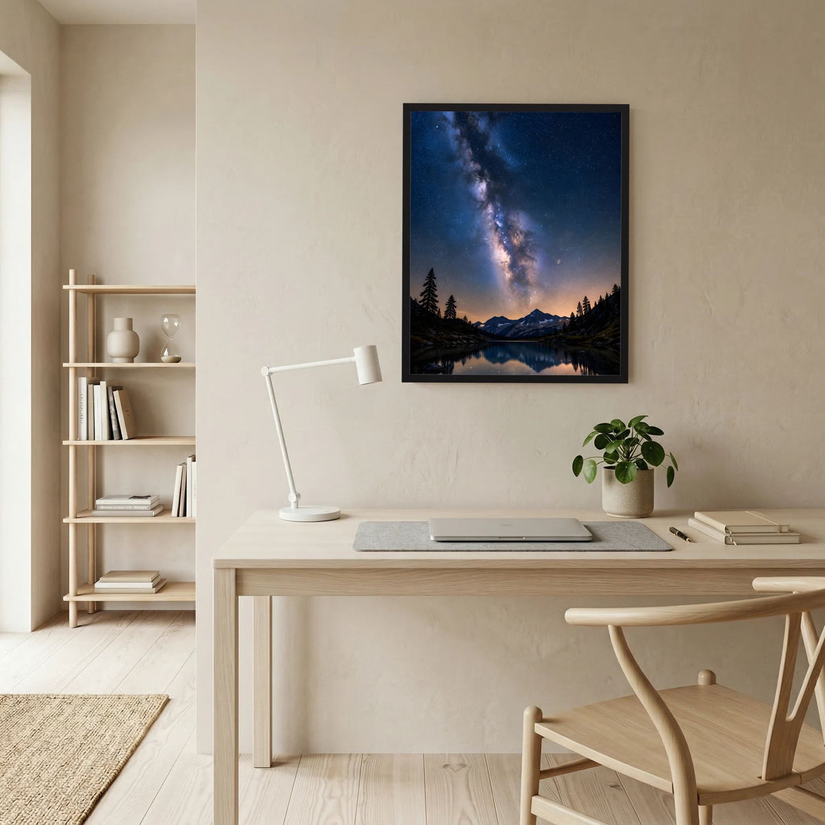 Wandposter im schwarzen Rahmen mit Milchstraße über Bergsee, Bäume und Berge bei Nacht