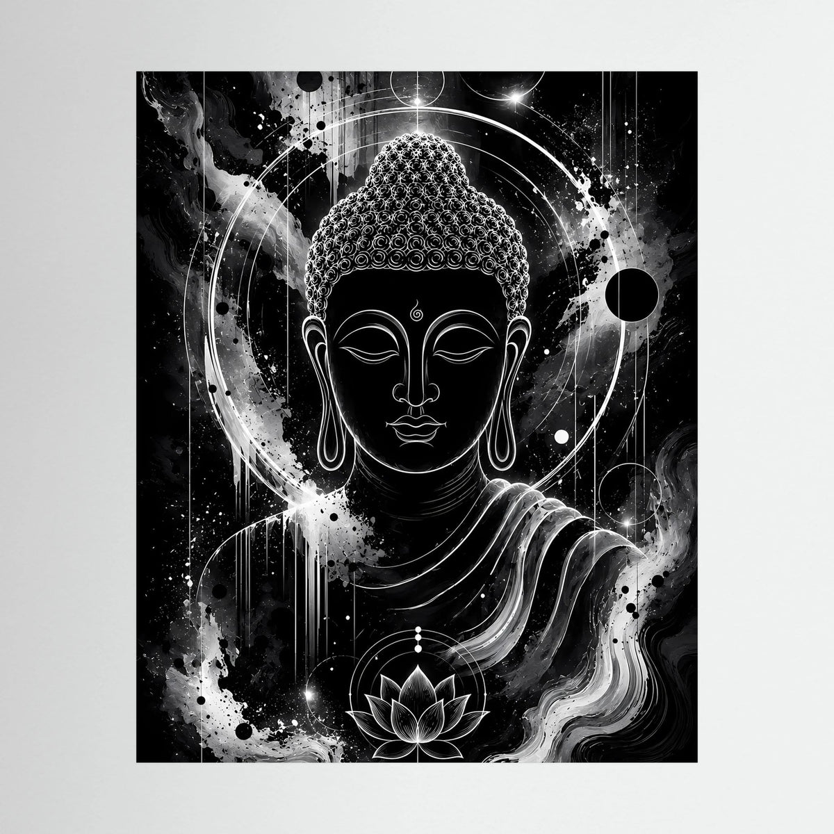 Hochformat-Poster mit schwarzem Buddha-Motiv in Schwarzweiß, Lotus und kosmischer Aura