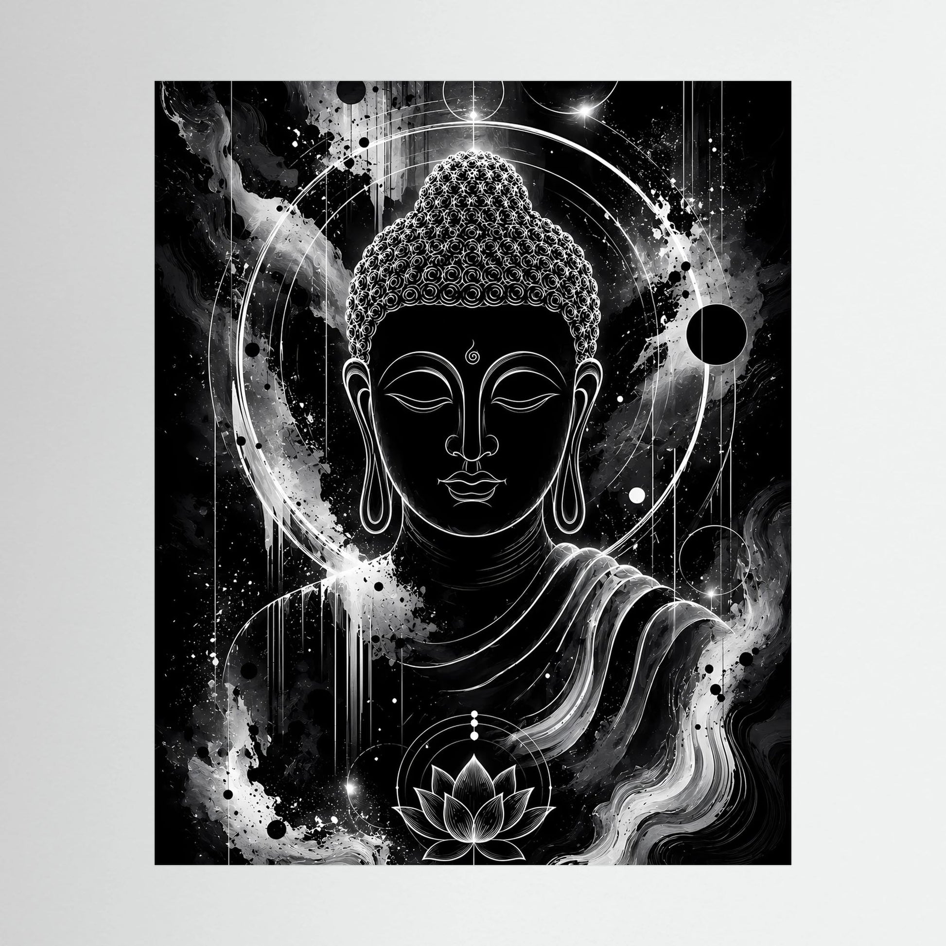Hochformat-Poster mit schwarzem Buddha-Motiv in Schwarzweiß, Lotus und kosmischer Aura