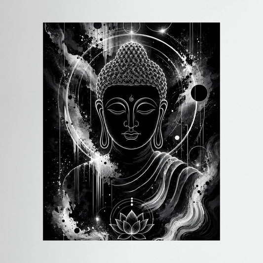 Hochformat-Poster mit schwarzem Buddha-Motiv in Schwarzweiß, Lotus und kosmischer Aura