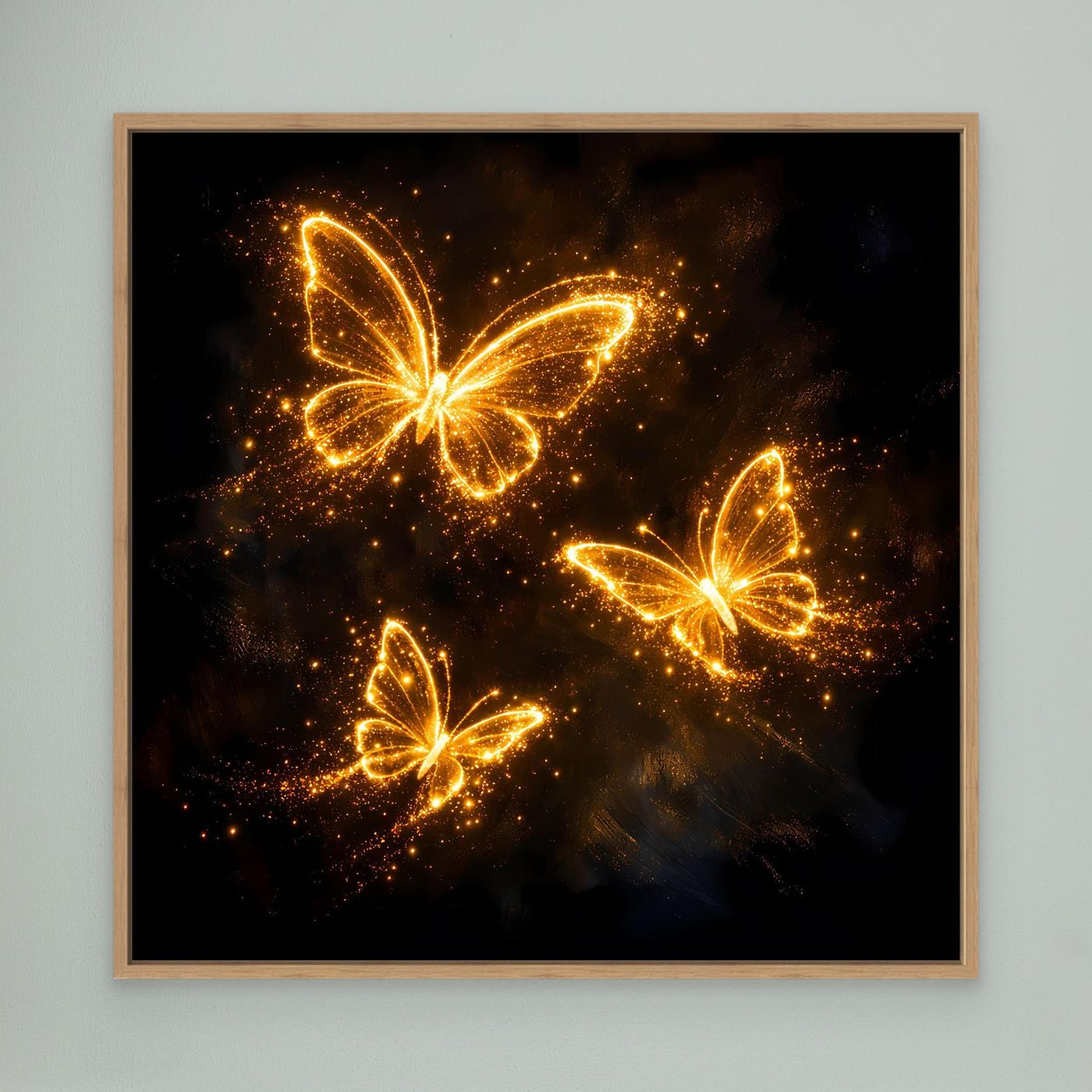 Premium Leinwand Leuchtende Schmetterlinge in Gold | Elegantes Fantasy Wandbild abstrakt