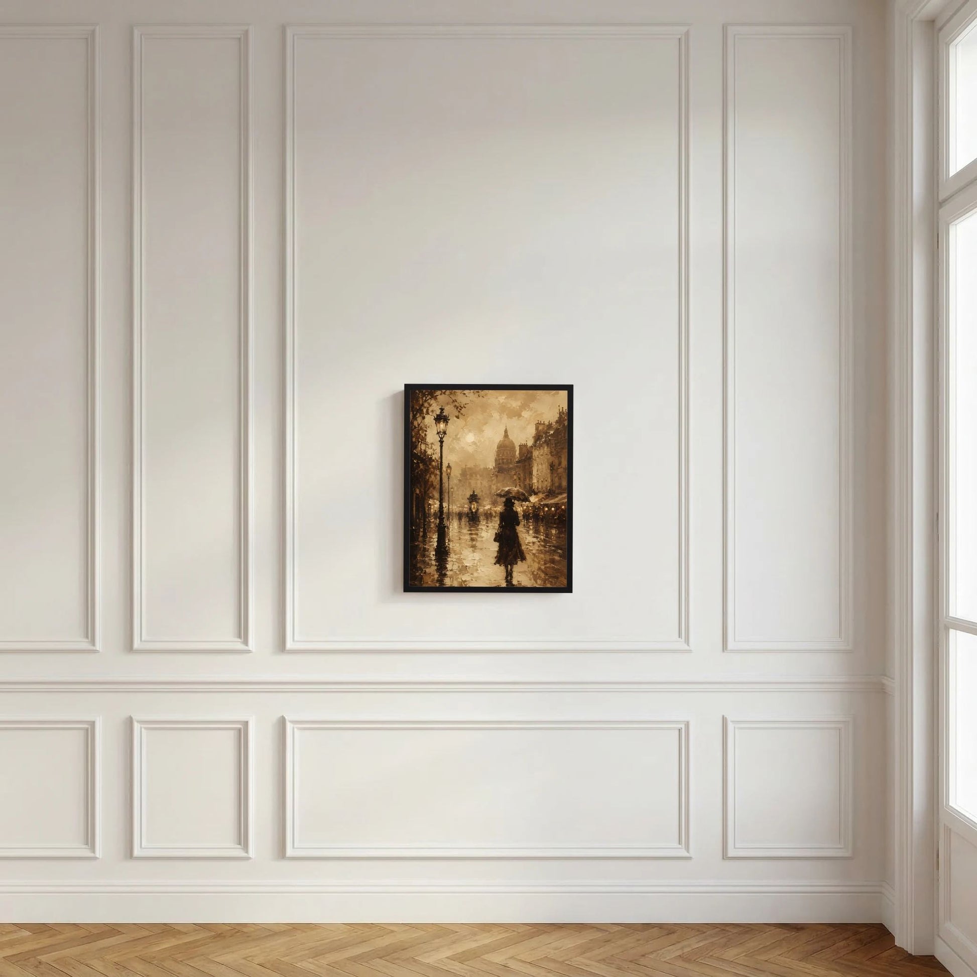 Kleines sepia Poster im schwarzen Rahmen an weißer Wand