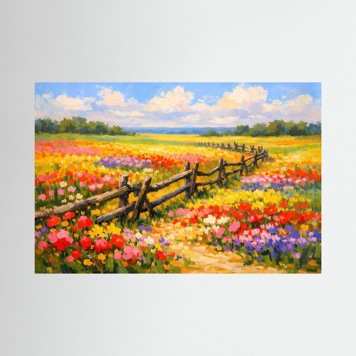 Querformatiges Wandbild mit blühender Sommerwiese und Holzzaun im bunten Farbenstil