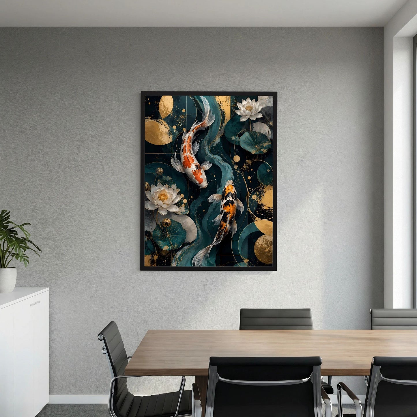 Poster im Hochformat mit Koi-Fischen und Lotusblüten in Petrol und Gold, schwarzer Rahmen