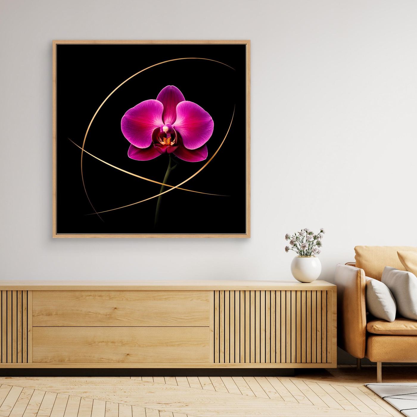Leinwandbild Orchidee mit magenta Blüten und goldenen Linien, Holzrahmen