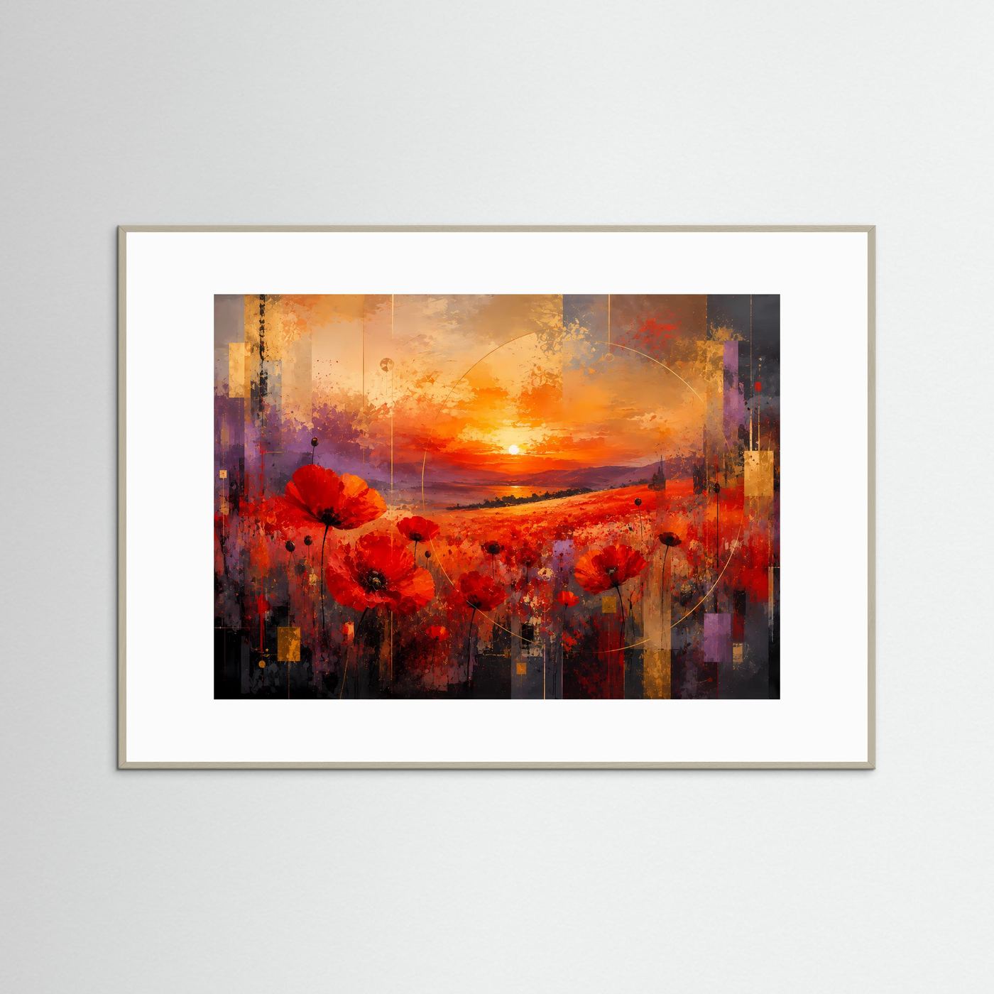 Mohnblumenfeld bei Sonnenuntergang Poster Querformat | Abstrakte Landschaft mit roten Mohnblumen | Modernes Wandbild in Rot, Orange & Gold