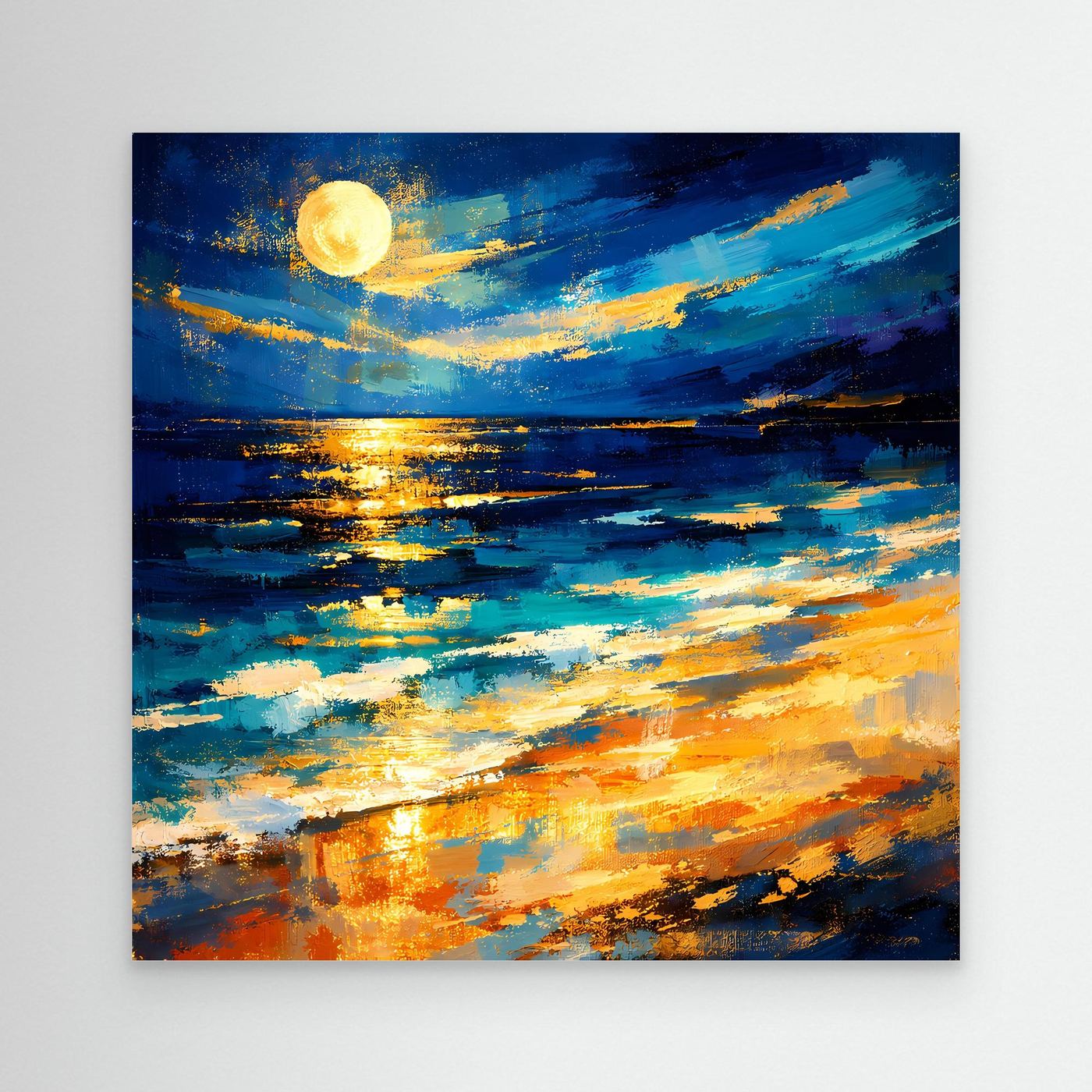 Leinwandbild mit leuchtendem Vollmond über abstraktem Meer in Blau- und Goldtönen