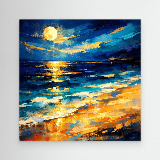 Leinwandbild mit leuchtendem Vollmond über abstraktem Meer in Blau- und Goldtönen