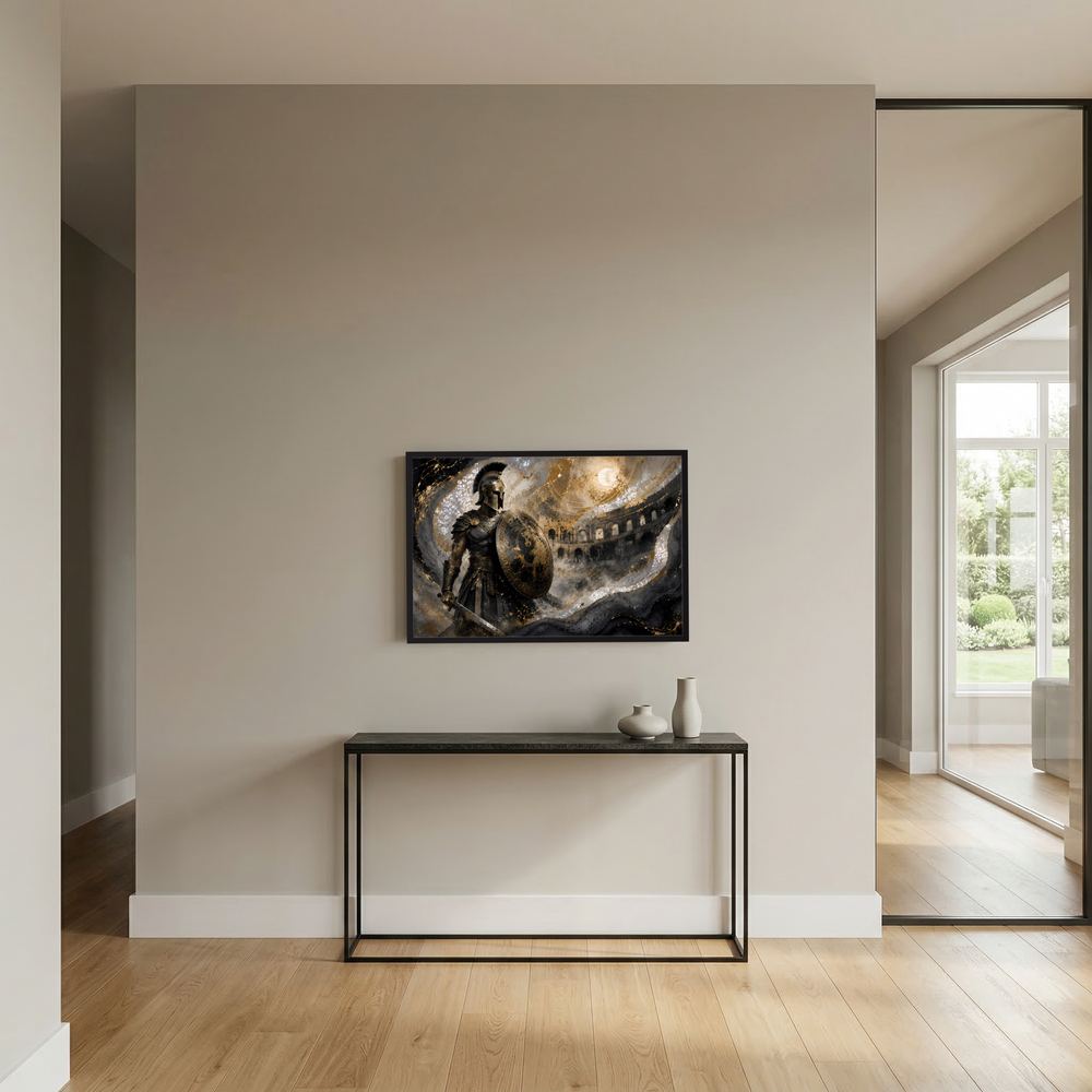 Wandposter mit römischem Gladiator in dunkler Rüstung und goldenem Schild, im schwarzen Rahmen.