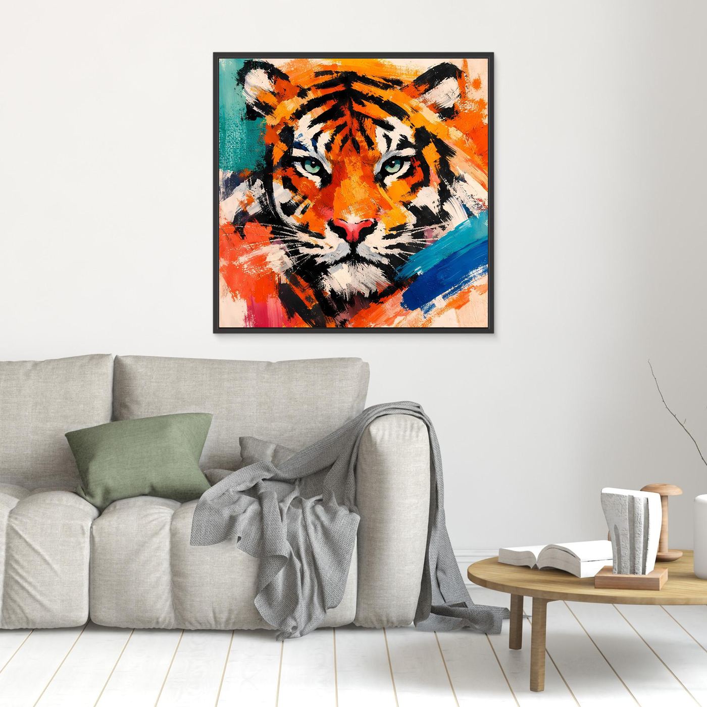 Abstract tiger canvas wall art with orange and teal brushstrokes; black frame.