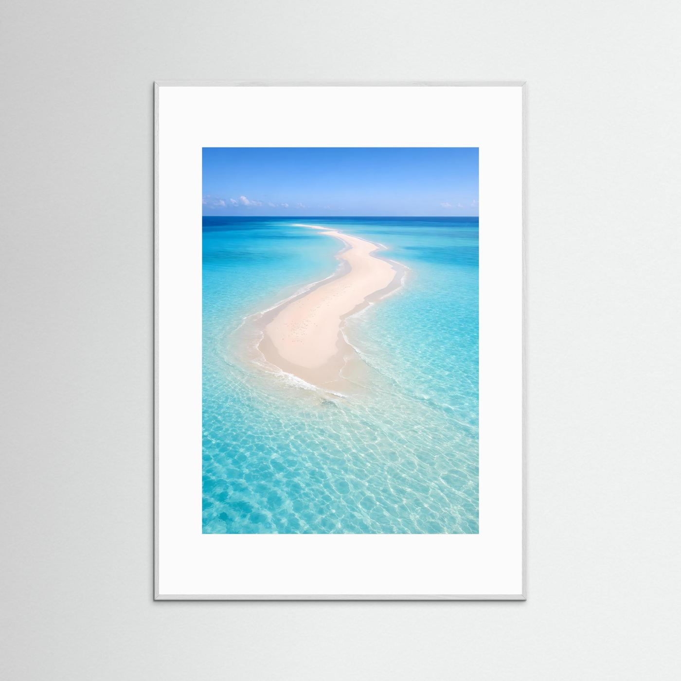 Minimalistisches Sandbank-Poster mit türkis-weißem Strandmotiv, grauer Rahmen
