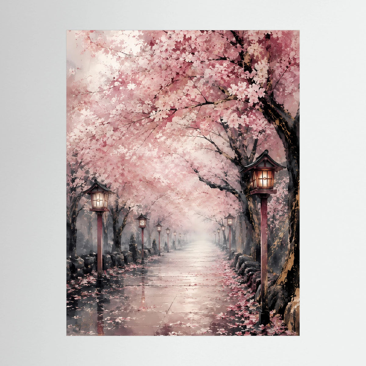 Nahansicht des Posters mit rosa Sakura-Blütenallee und Laternen im Hochformat