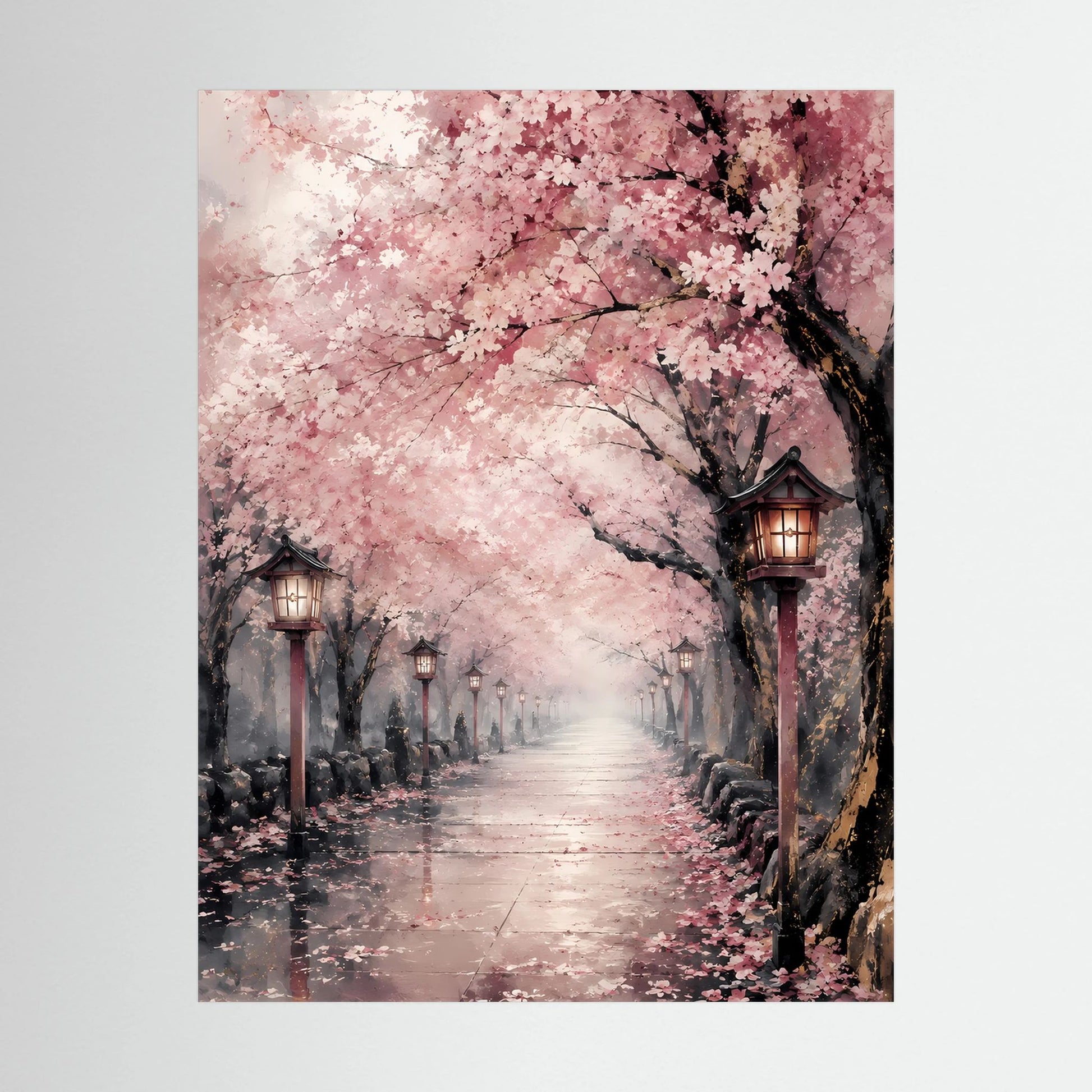 Nahansicht des Posters mit rosa Sakura-Blütenallee und Laternen im Hochformat