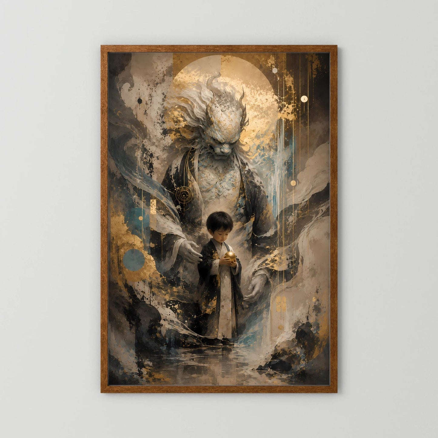 Hochformat-Poster mit Erzengel-ähnlicher Wächterfigur und Kind, Gold-Schwarz-Creme, braun gerahmt