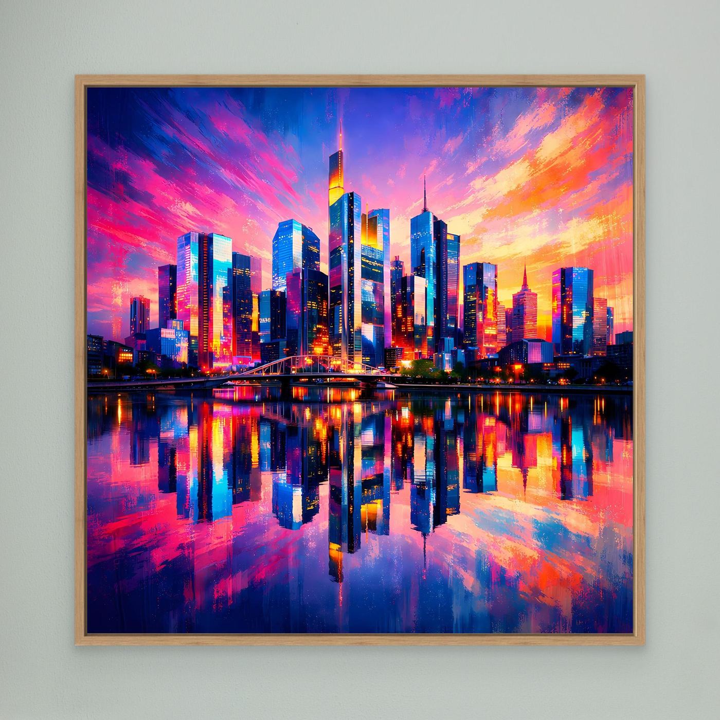Leinwand Farbenfrohe Frankfurt Skyline bei Sonnenuntergang | Modernes Wandbild