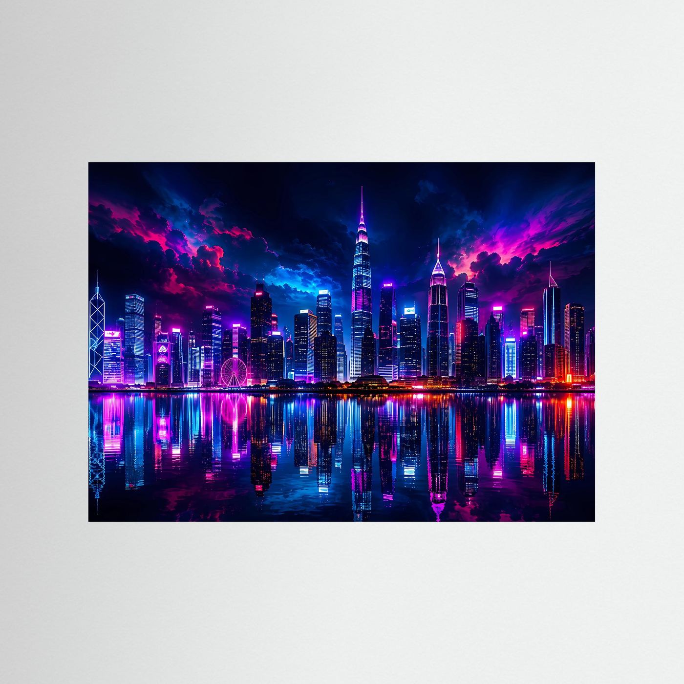 Neon Skyline bei Nacht | Futuristische City Wandbild in Pink & Blau