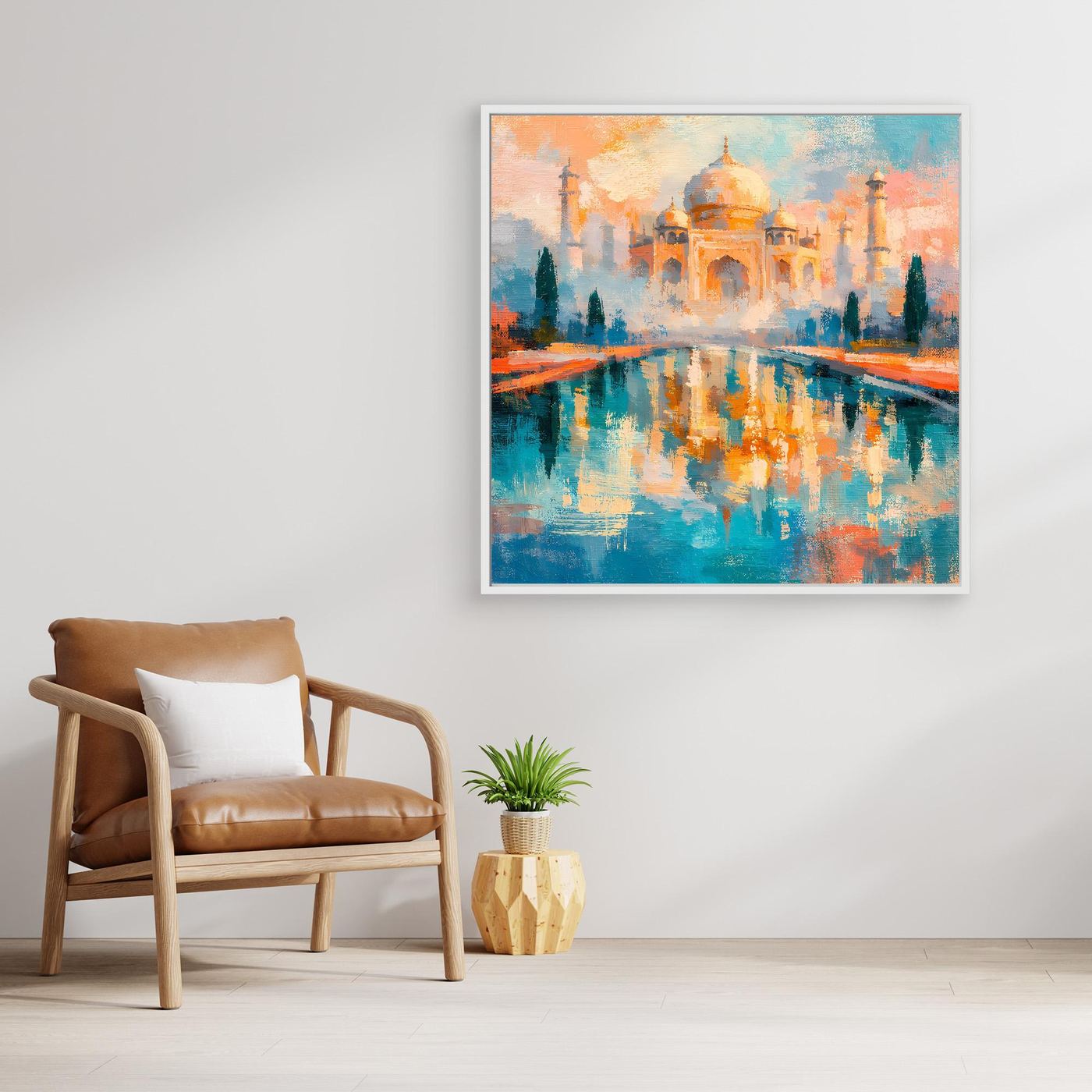 Leinwand-Wandbild mit weißem Rahmen: abstraktes Taj Mahal, Spiegelung im blauen Wasser