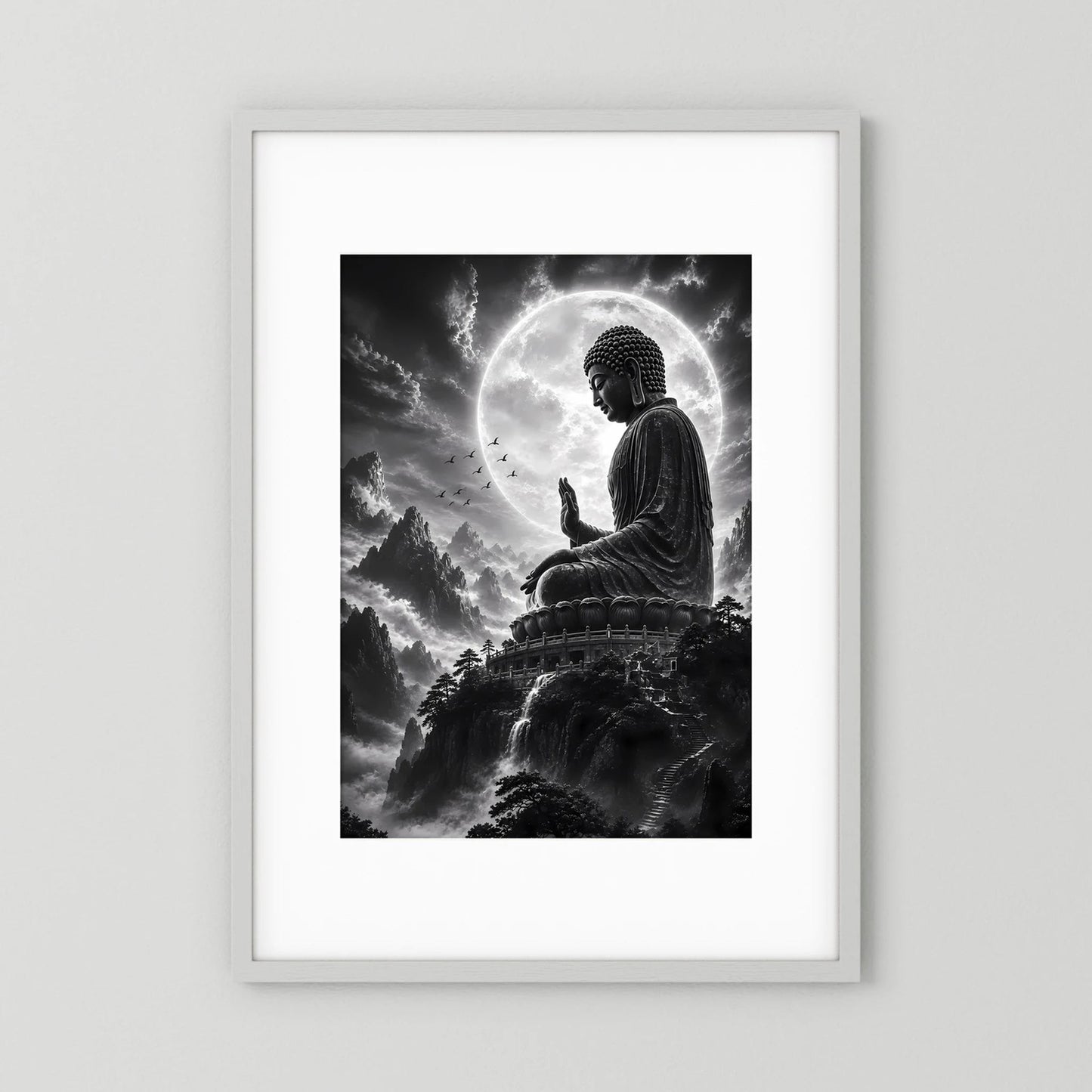 Hochformat-Poster mit Buddha-Silhouette und großem Mond über Berglandschaft in Schwarzweiß