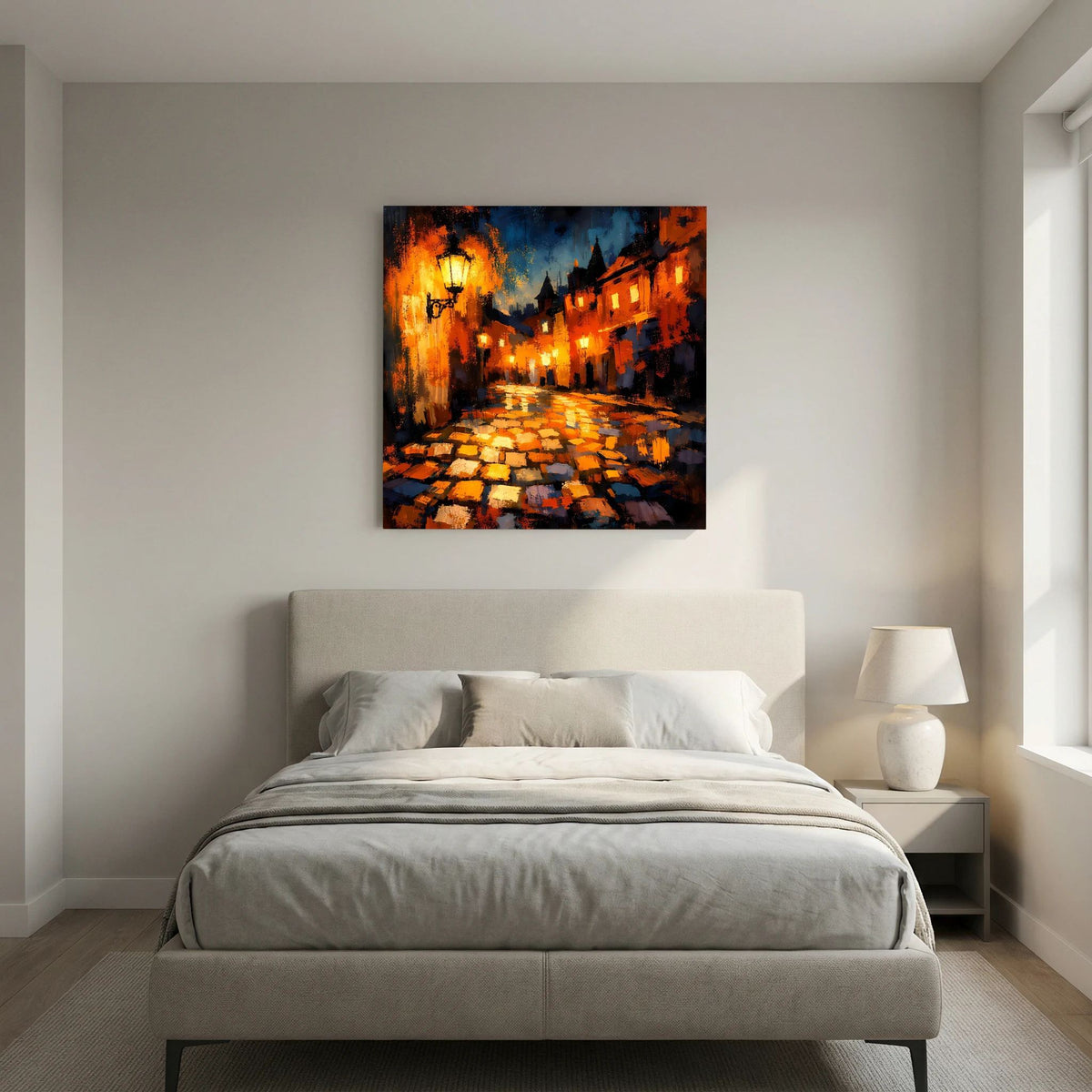 Leinwand Abstraktes Altstadt Gemälde | Modernes Romantisches Gassen Wandbild bei Nacht