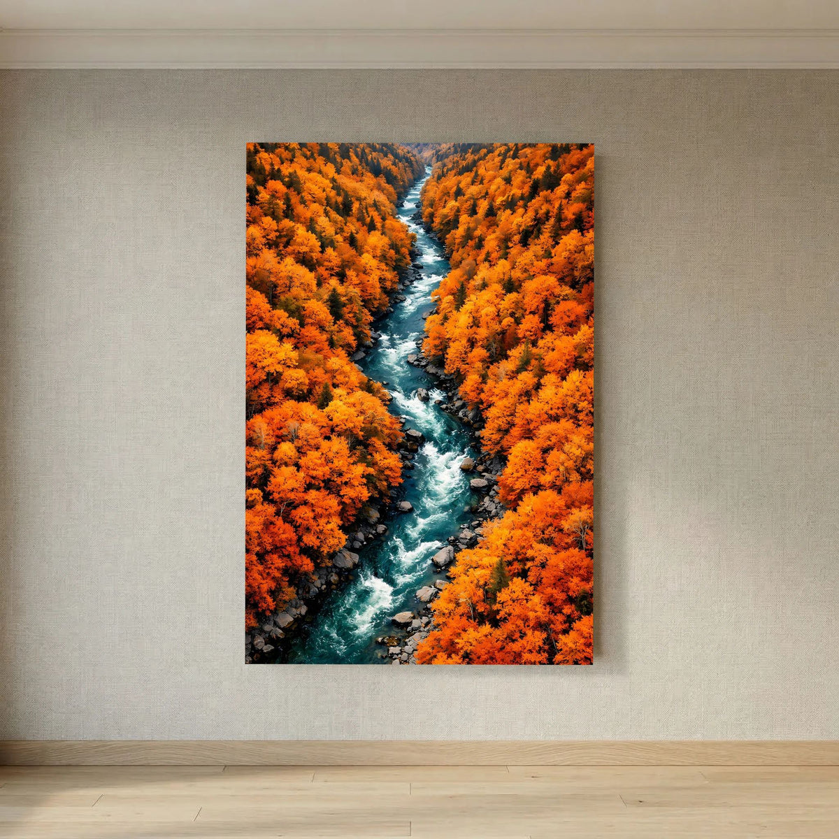 Hochformatiger Posterprint mit blauem Fluss und orangefarbenen Herbstbäumen