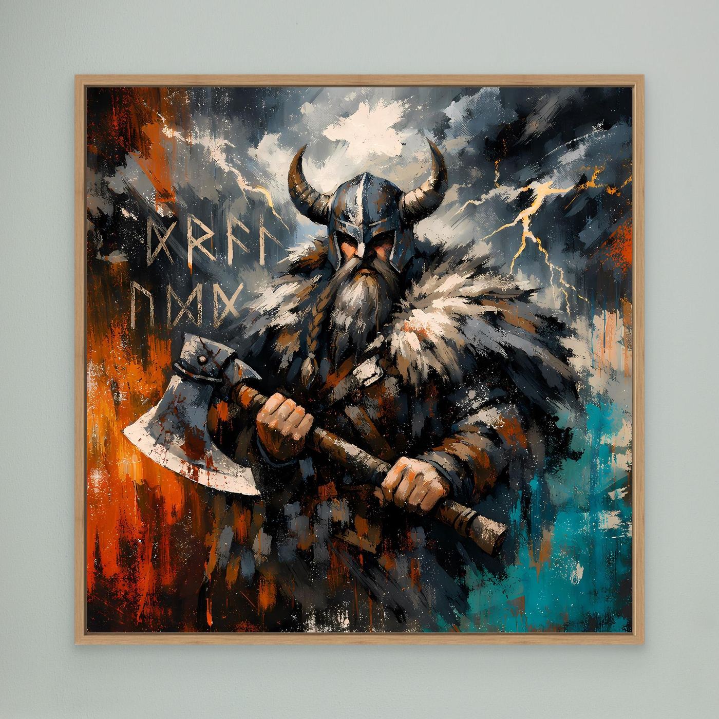 Leinwand-Wandbild: Wikingerkrieger mit Streitaxt im abstrakten Stil, mit hellem Holzrahmen