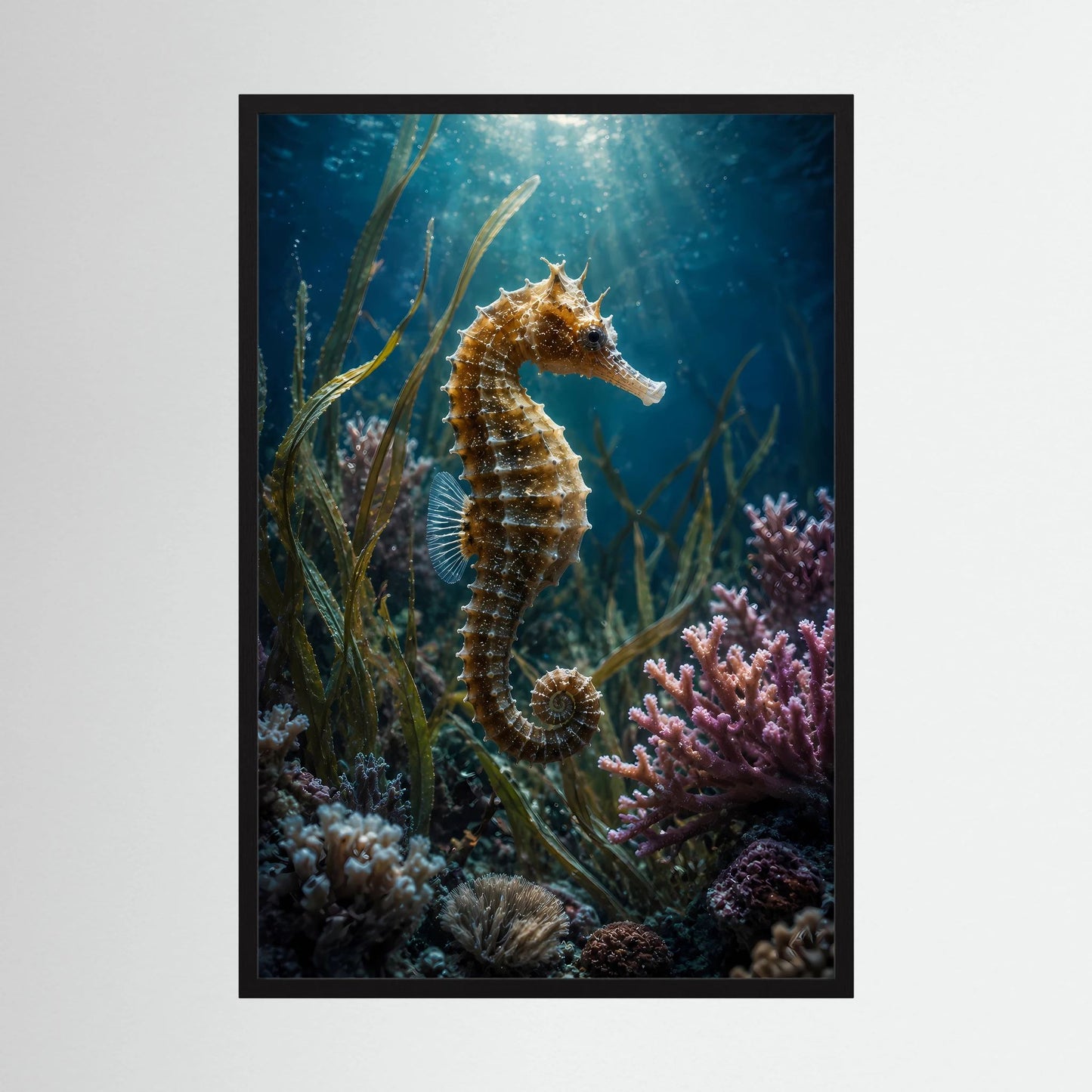 Poster im Hochformat mit Seepferdchen im Korallenriff, schwarzer Rahmen